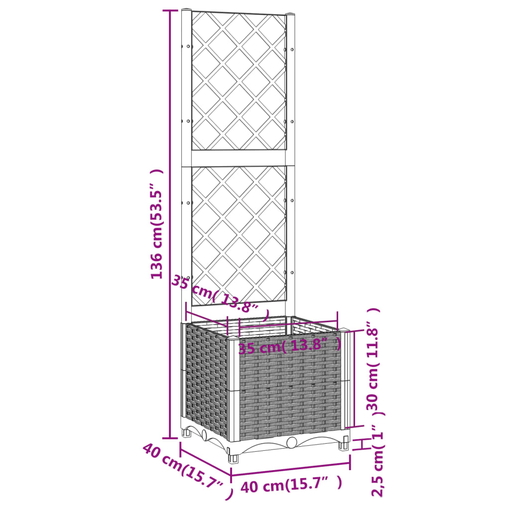 Plantenbak met latwerk 40x40x136 cm polypropeen bruin