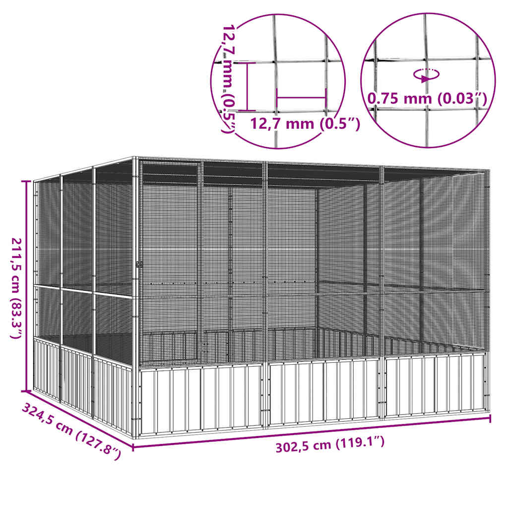 Vogelkooi 302,5x324,5x211,5 cm gegalvaniseerd staal grijs