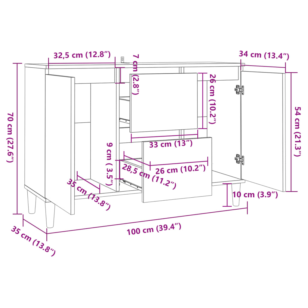 Dressoir 101x35x70 cm bewerkt hout bruin eikenkleur - AllerleiShop