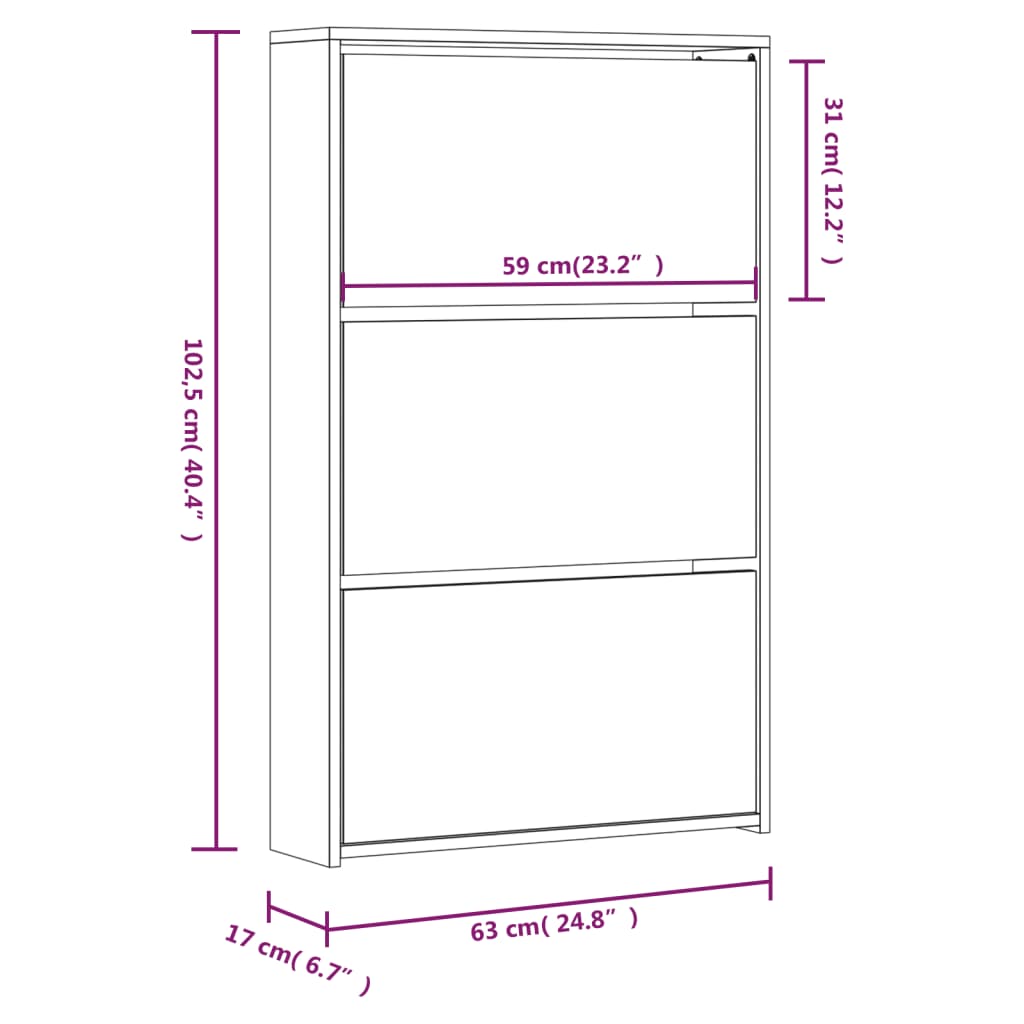 Schoenenkast met spiegel 3-laags 63x17x102,5 cm hoogglans wit - AllerleiShop