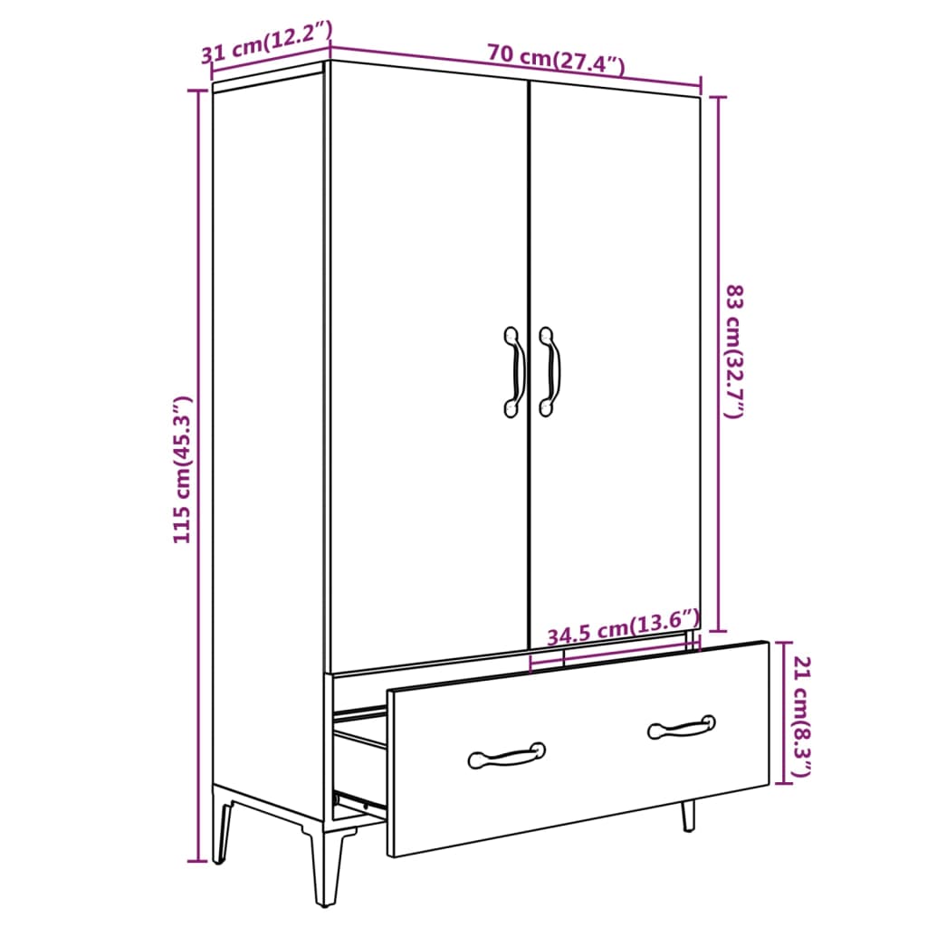 Hoge kast 70x31x115 cm bewerkt hout wit - AllerleiShop