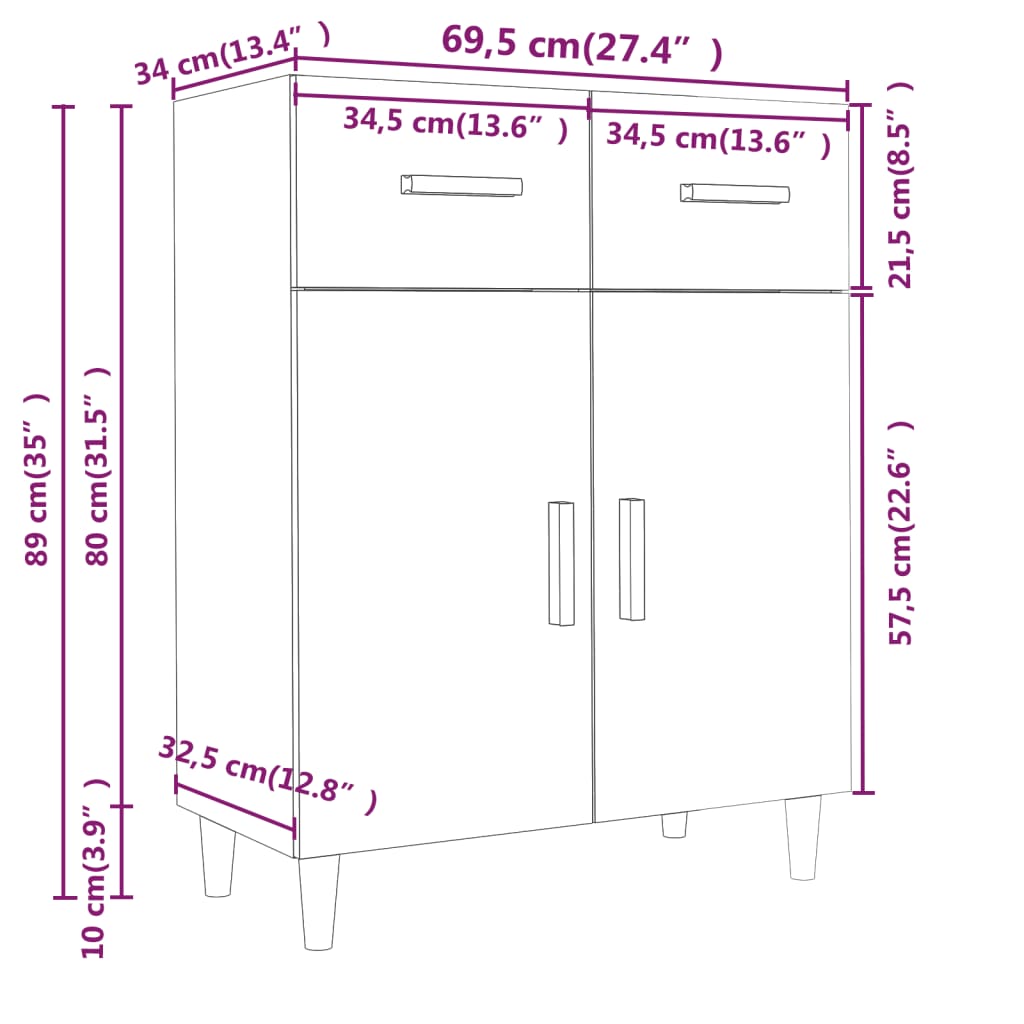 Dressoir 69,5x34x89 cm bewerkt hout bruin eikenkleur - AllerleiShop