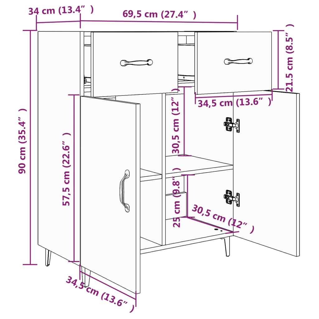 Dressoir 69,5x34x90 cm bewerkt hout gerookt eikenkleurig - AllerleiShop