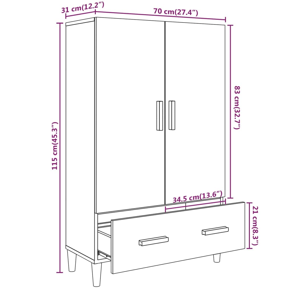 Hoge kast 70x31x115 cm bewerkt hout gerookt eikenkleurig - AllerleiShop