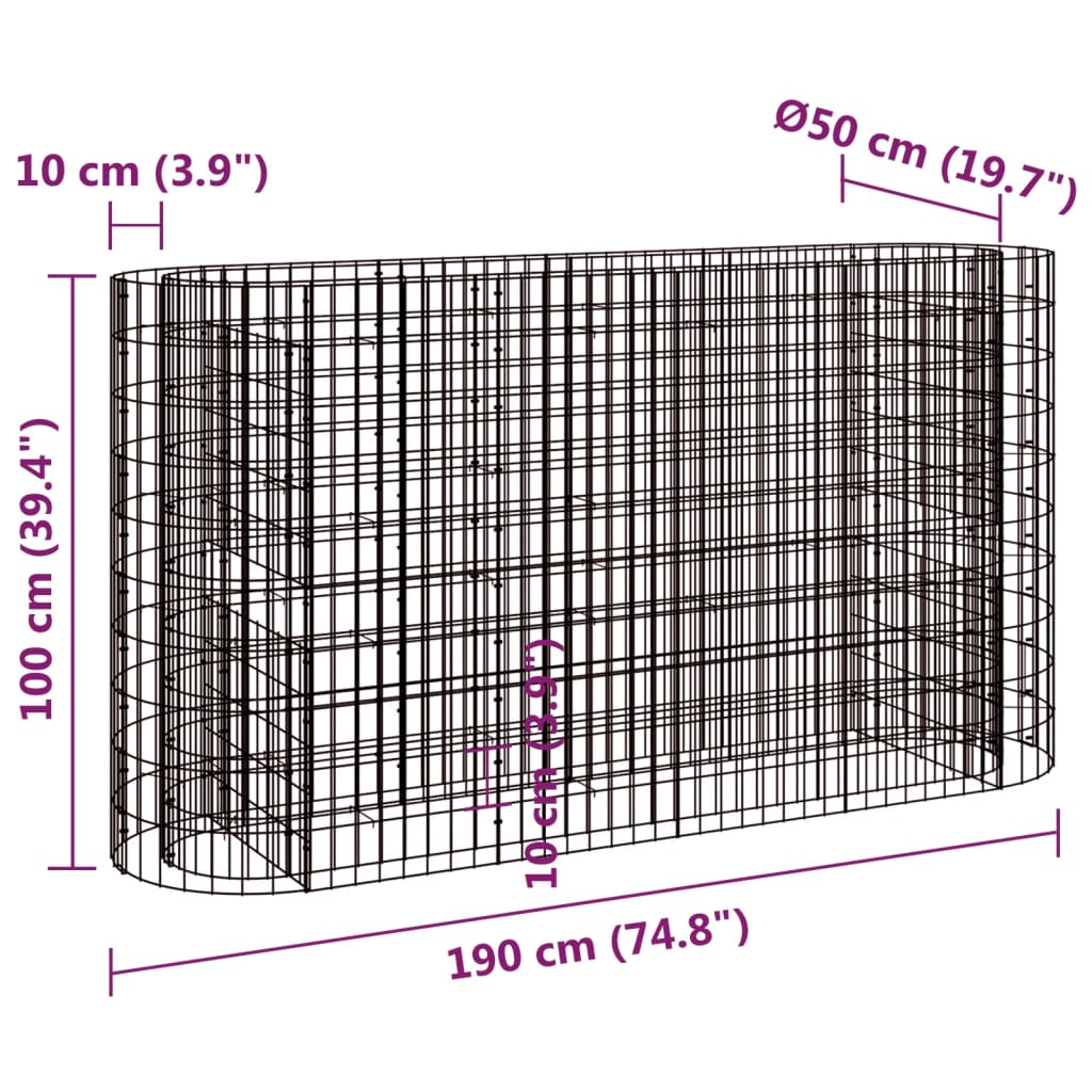 Gabion plantenbak verhoogd 190x50x100 cm gegalvaniseerd ijzer