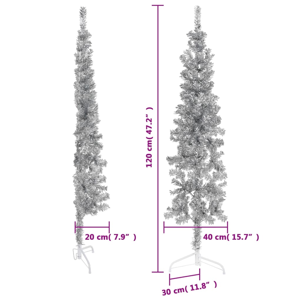 Kunstkerstboom half met standaard smal 120 cm zilverkleurig - AllerleiShop