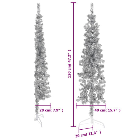 Kunstkerstboom half met standaard smal 120 cm zilverkleurig - AllerleiShop