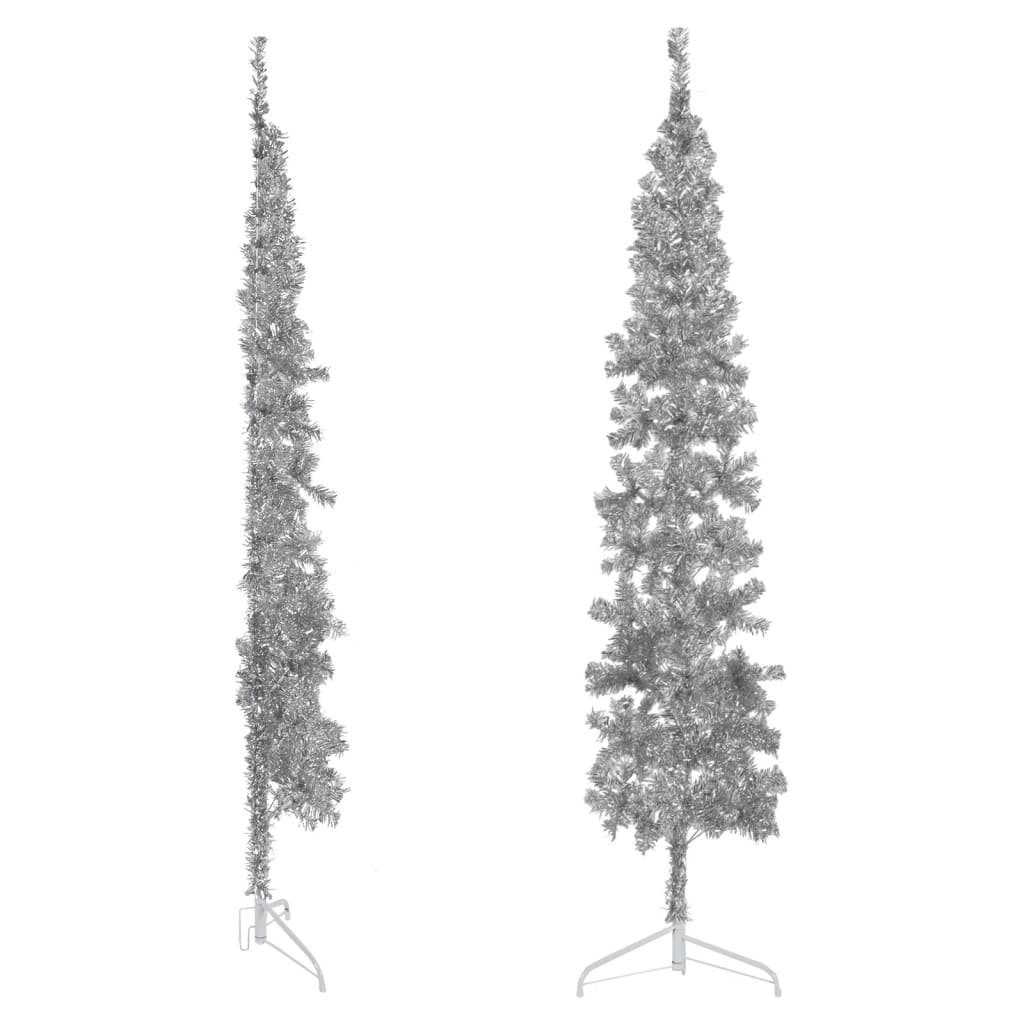 Kunstkerstboom half met standaard smal 210 cm zilverkleurig - AllerleiShop