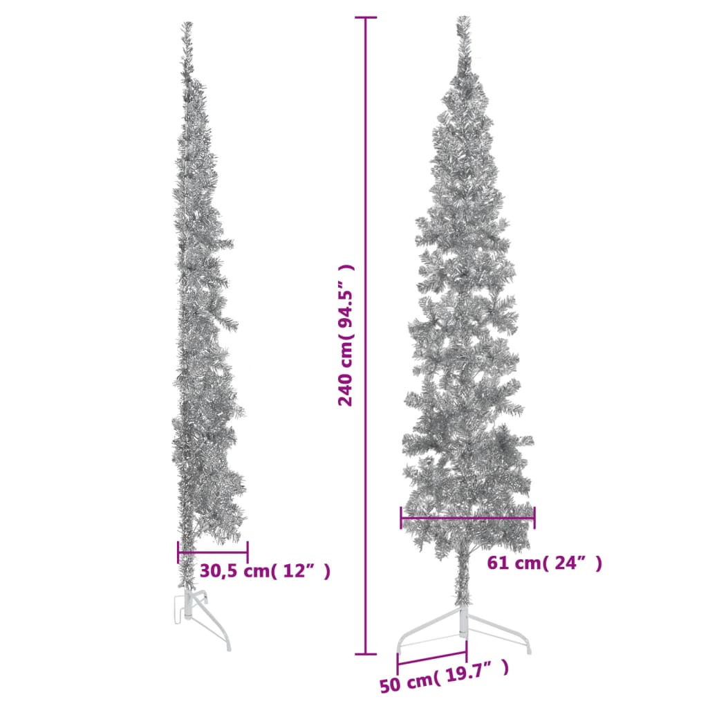 Kunstkerstboom half met standaard smal 240 cm zilverkleurig - AllerleiShop