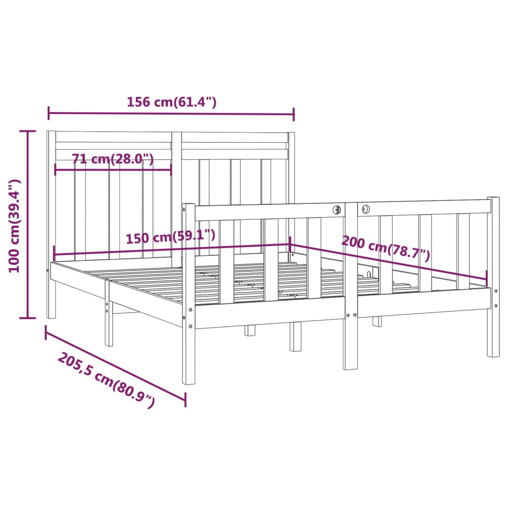 Bedframe massief grenenhout grijs 150x200 cm