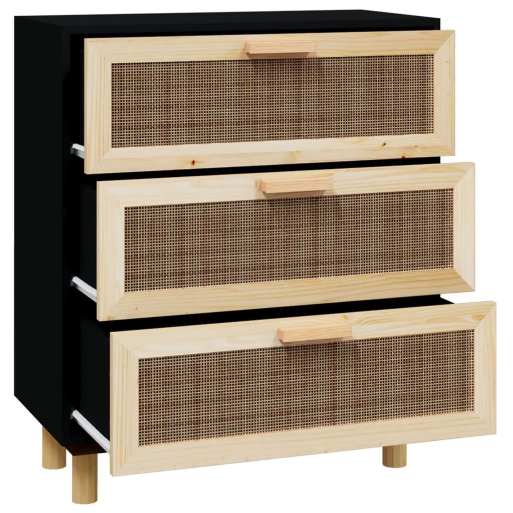 Dressoir 60x30x70 cm massief grenen hout en rattan zwart - AllerleiShop