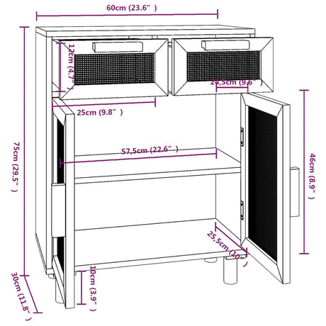 Dressoir 60x30x75 cm massief grenenhout en rattan wit - AllerleiShop