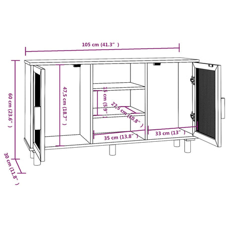 Dressoir 105x30x60 cm massief grenenhout en rattan wit - AllerleiShop