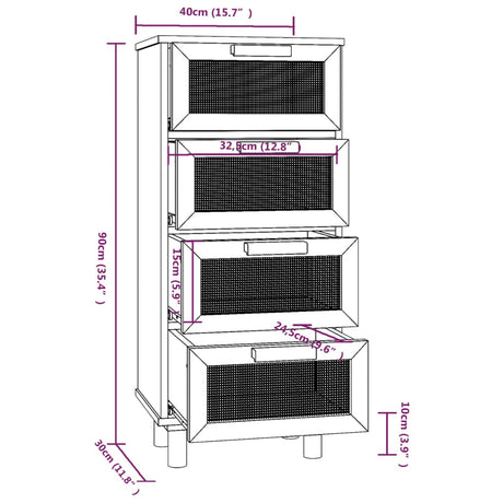 Dressoir 40x30x90 cm massief grenenhout en rattan wit - AllerleiShop