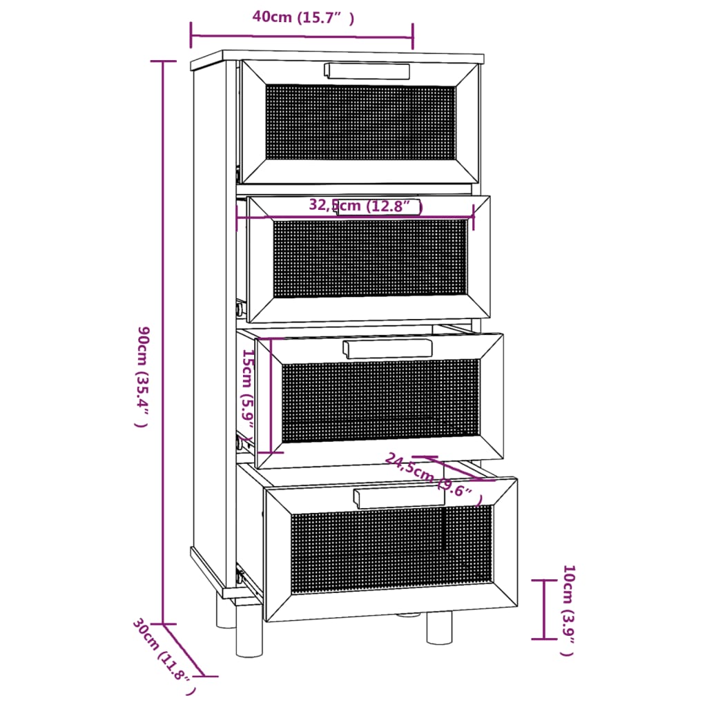 Dressoir 40x30x90 cm massief grenen hout en rattan zwart - AllerleiShop