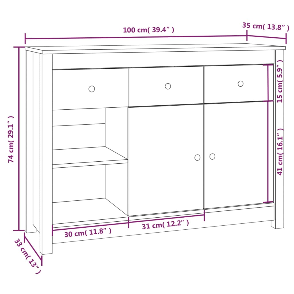 Dressoir 100x35x74 cm massief grenenhout - AllerleiShop