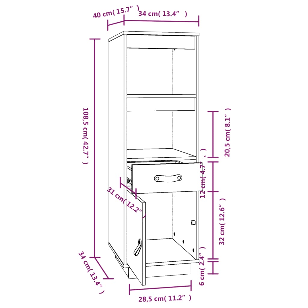 Hoge kast 34x40x108,5 cm massief grenenhout grijs - AllerleiShop