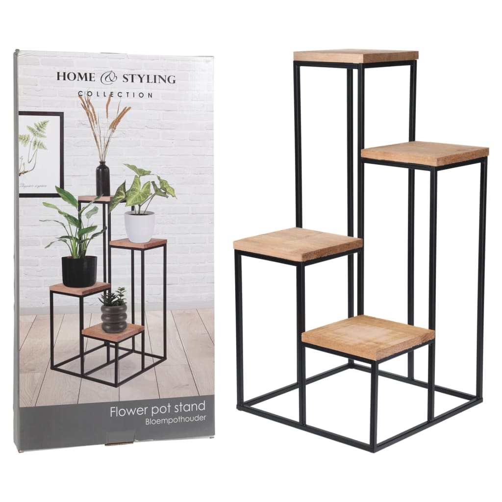 Home&Styling Plantenstandaard met 4 planken naturel en zwart - AllerleiShop