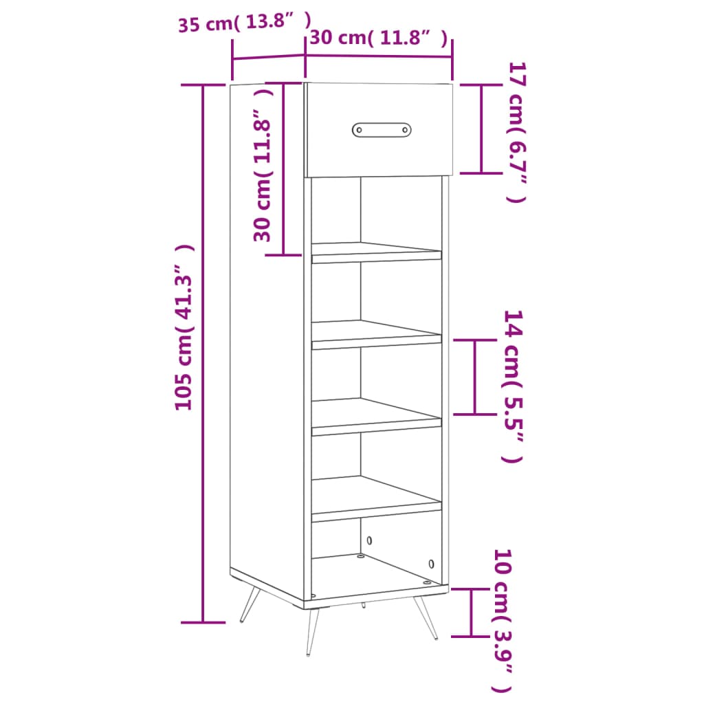 Schoenenkast 30x35x105 cm bewerkt hout hoogglans wit