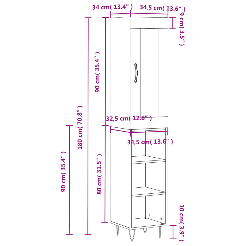 Hoge kast 34,5x34x180 cm bewerkt hout wit - AllerleiShop