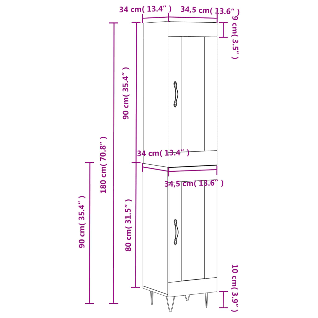 Hoge kast 34,5x34x180 cm bewerkt hout wit - AllerleiShop