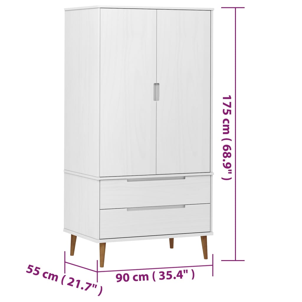 Kledingkast MOLDE 90x55x175 cm massief grenenhout wit - AllerleiShop