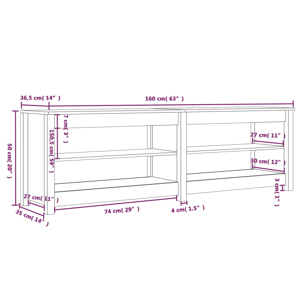 Schoenenbank 160x36,5x50 cm massief grenenhout wit - AllerleiShop