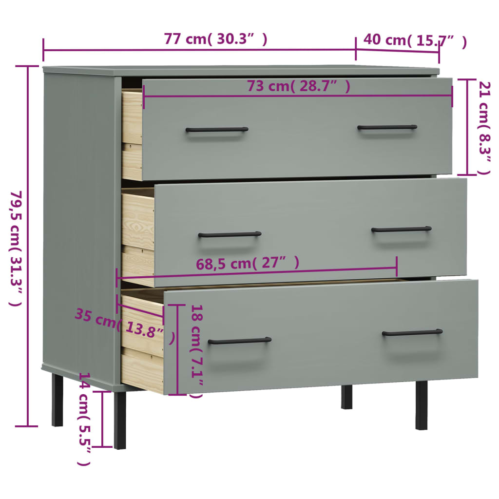 Dressoir met 3 lades OSLO 77x40x79,5 cm massief hout grijs - AllerleiShop