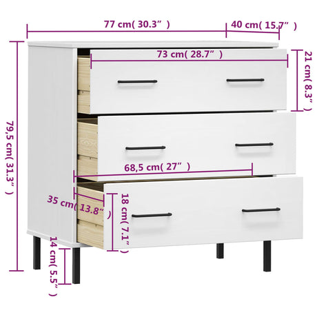 Dressoir met 3 lades OSLO 77x40x79,5 cm massief hout wit - AllerleiShop