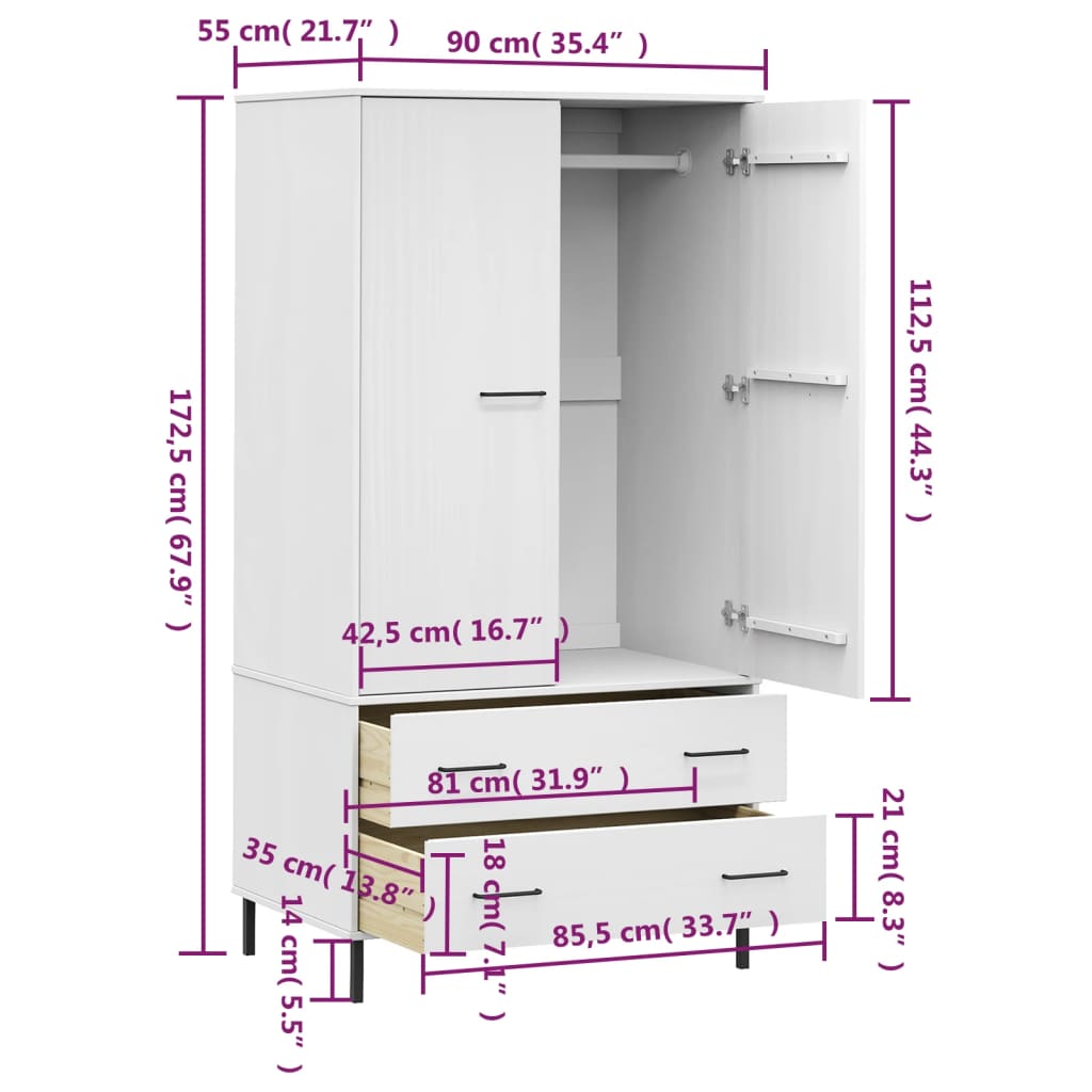 Kledingkast met metalen poten OSLO 90x55x172,5 cm hout wit - AllerleiShop