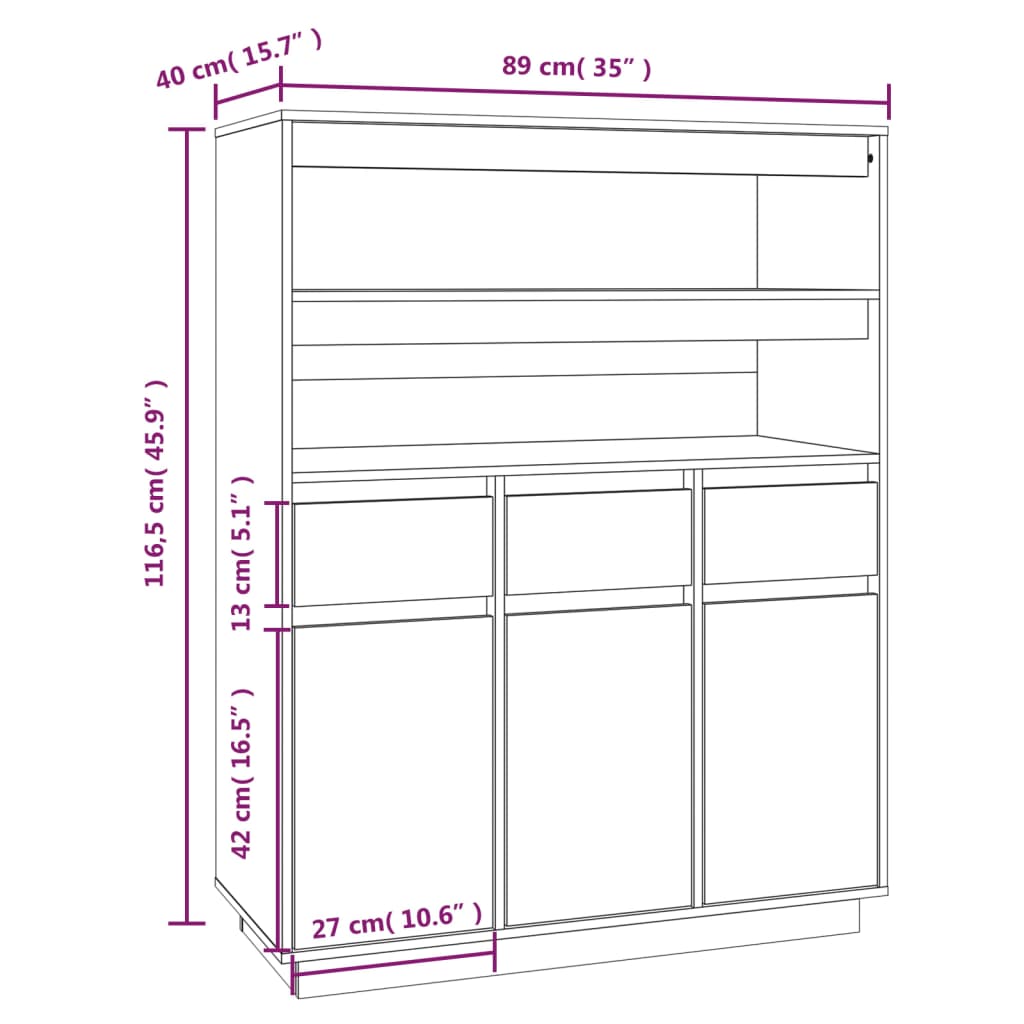 Hoge kast 89x40x116,5 cm massief grenenhout wit - AllerleiShop