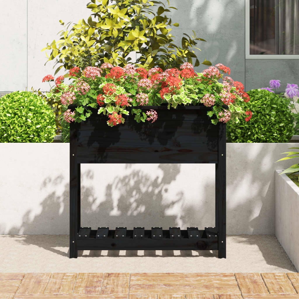 Plantenbak met schap 82,5x34,5x81 cm massief grenenhout zwart - AllerleiShop