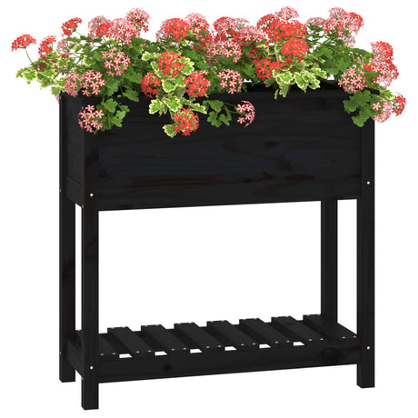 Plantenbak met schap 82,5x34,5x81 cm massief grenenhout zwart - AllerleiShop