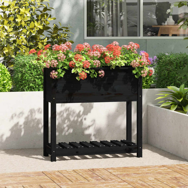 Plantenbak met schap 82,5x34,5x81 cm massief grenenhout zwart - AllerleiShop