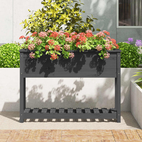 Plantenbak met schap 111,5x34,5x81 cm massief grenenhout grijs - AllerleiShop