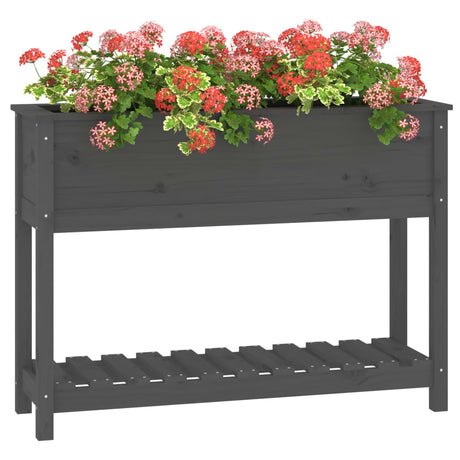 Plantenbak met schap 111,5x34,5x81 cm massief grenenhout grijs - AllerleiShop