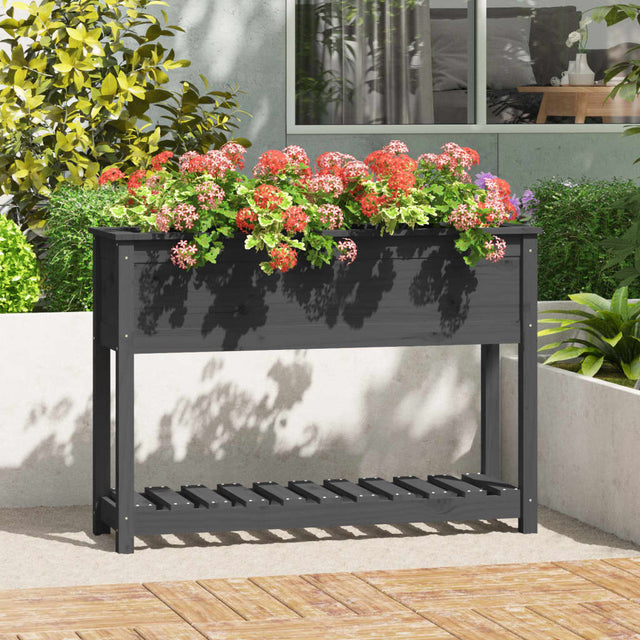 Plantenbak met schap 111,5x34,5x81 cm massief grenenhout grijs - AllerleiShop