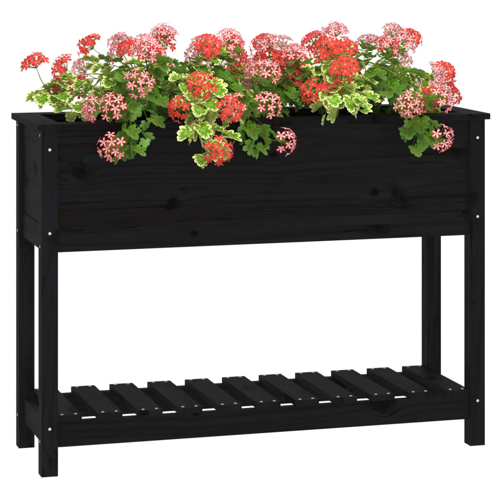 Plantenbak met schap 111,5x34,5x81 cm massief grenenhout zwart - AllerleiShop