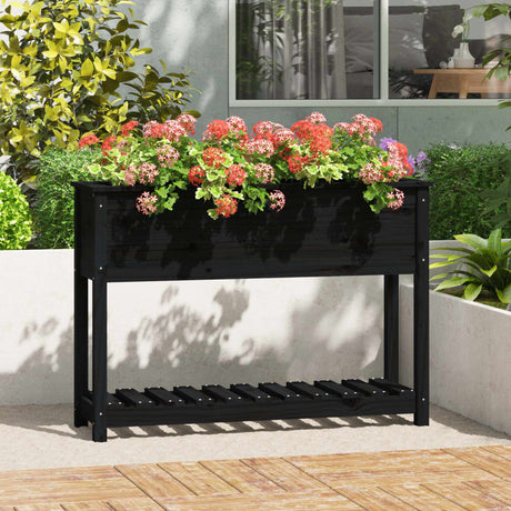 Plantenbak met schap 111,5x34,5x81 cm massief grenenhout zwart - AllerleiShop