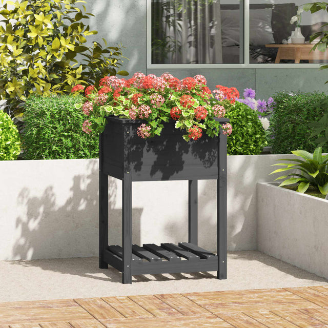 Plantenbak met schap 54x54x81 cm massief grenenhout grijs - AllerleiShop