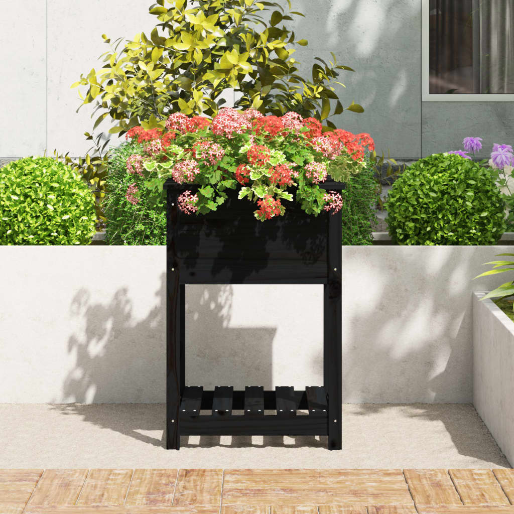 Plantenbak met schap 54x54x81 cm massief grenenhout zwart - AllerleiShop