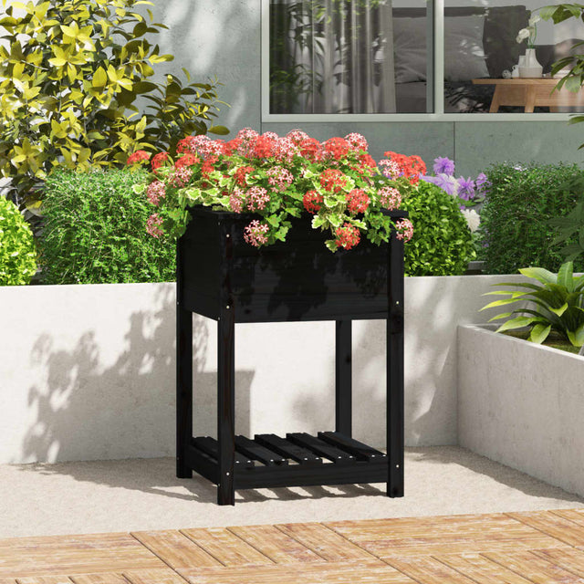 Plantenbak met schap 54x54x81 cm massief grenenhout zwart - AllerleiShop