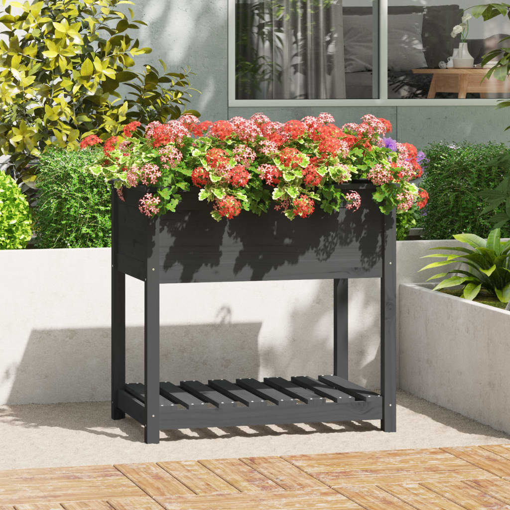 Plantenbak met schap 82,5x54x81 cm massief grenenhout grijs - AllerleiShop