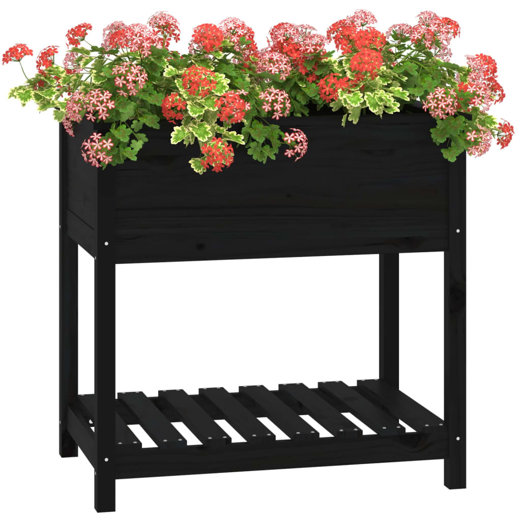 Plantenbak met schap 82,5x54x81 cm massief grenenhout zwart - AllerleiShop