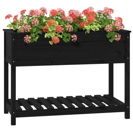 Plantenbak met schap 111,5x54x81 cm massief grenenhout zwart - AllerleiShop