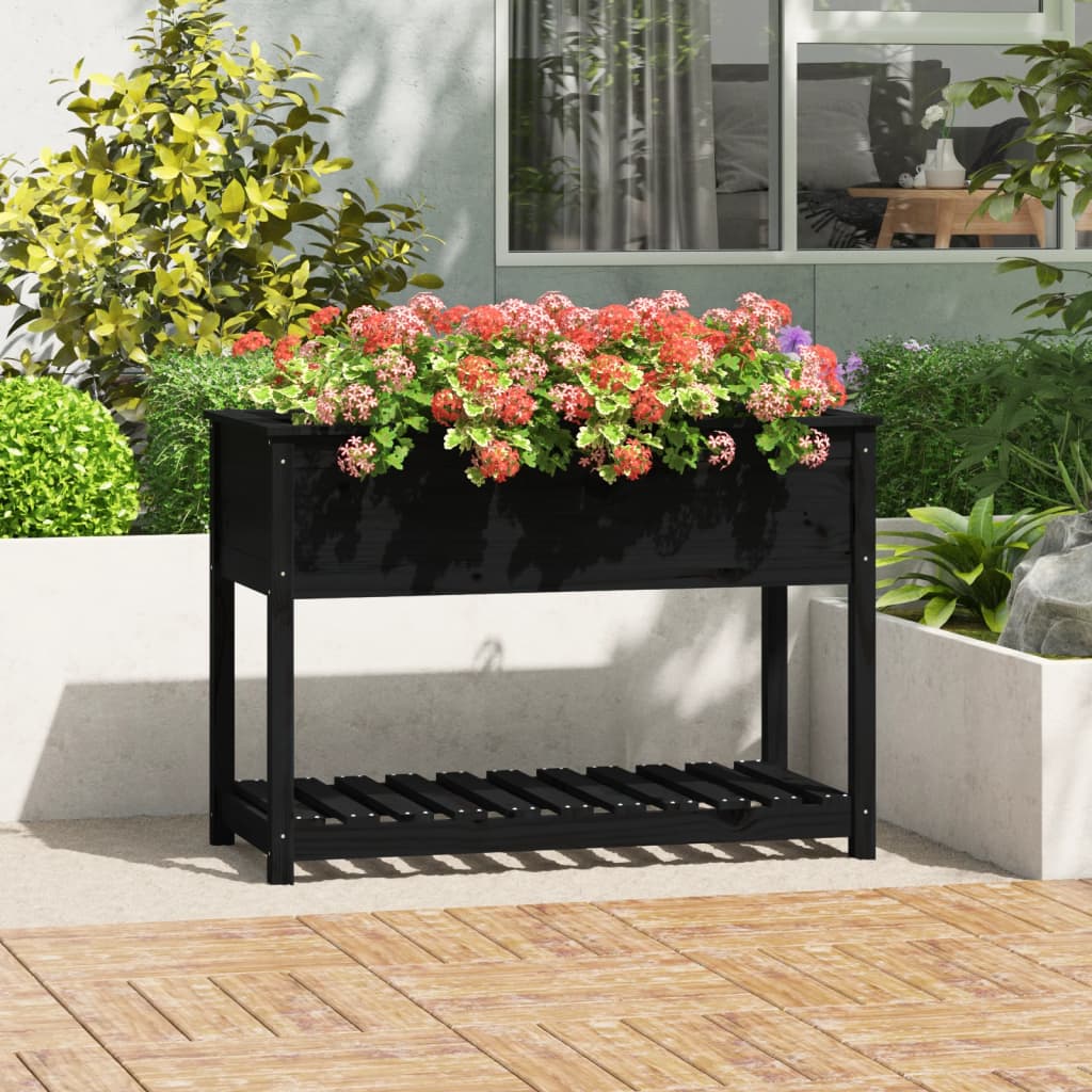 Plantenbak met schap 111,5x54x81 cm massief grenenhout zwart - AllerleiShop