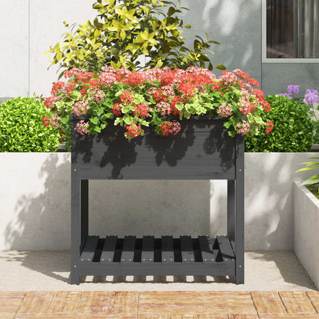 Plantenbak met schap 82,5x82,5x81 cm massief grenenhout grijs - AllerleiShop