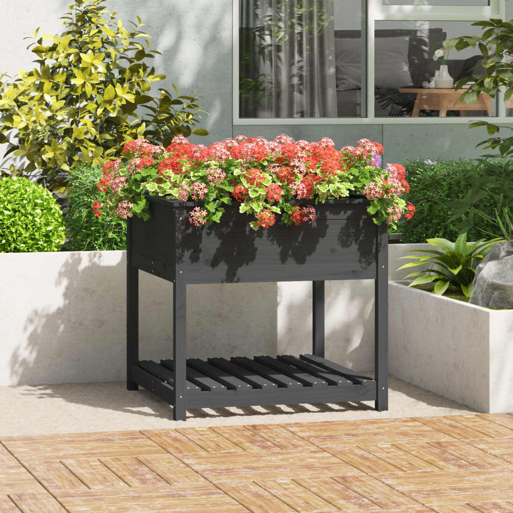 Plantenbak met schap 82,5x82,5x81 cm massief grenenhout grijs - AllerleiShop