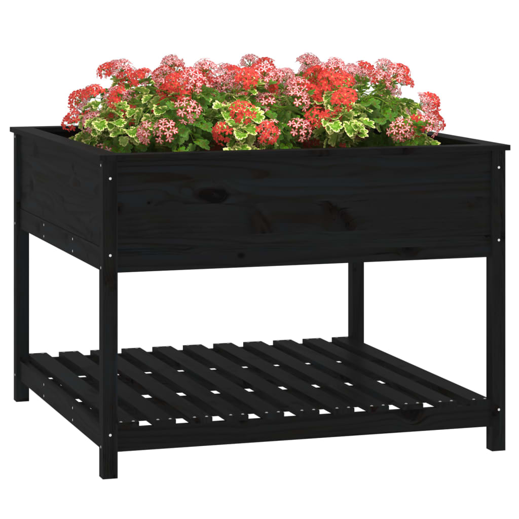 Plantenbak met schap 111,5x111,5x81 cm massief grenenhout zwart - AllerleiShop