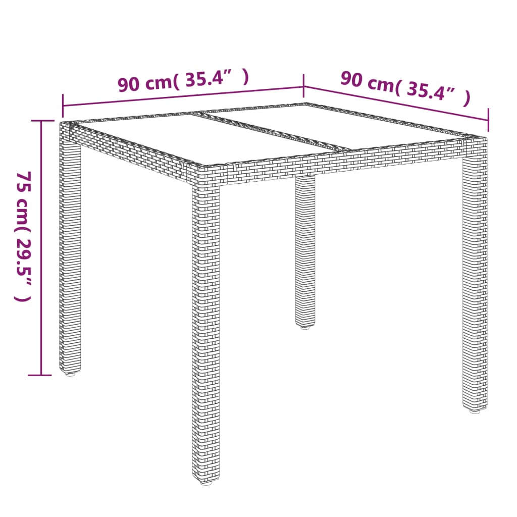 Tuintafel met glazen blad 90x90x75 cm poly rattan - AllerleiShop